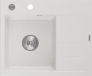 Mexen Ben Granitový drez s 1 komorou a odkvapkávačom, ľavý 600 x 500 mm, biely, sifón chrómový - 6522605000-20