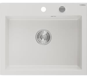 Mexen Elix granitový kuchynský drez 1-komorový 600 x 500 mm, biely, sifón chróm - 6525601005-20