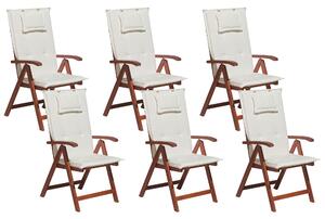Sada 6 skladacích stoličiek s bielymi vankúšmi svetlé akáciové drevo rustic