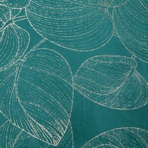 Zamatový stredový obrus s lesklou potlačou listov tyrkysovej farby Tyrkysová