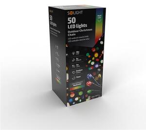 SOLIGHT LED vonkajšia vianočná reťaz, 50 LED, 5m, prívod 3m, 8 funkcií, časovač, IP44, studená biela