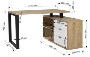 Písací stôl MARO 3, 135x76,2x115, dub artisan/čierna/biela