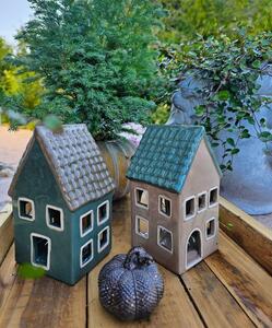Zelený porcelánový domček svietnik na čajovú sviečku Christmas House - 9*8*15 cm - Clayre & Eef