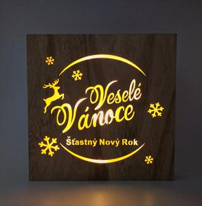 Vianočná drevená LED dekorácia, Veselé Vianoce a šťastný Nový rok