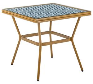Záhradný stôl modrá biela svetlohnedý umelý ratan 80 x 80 cm sklenená doska štvorcový hliníkový rám pre 4 moderný štýl interiér exteriér