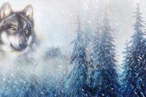 Tapeta vlk v zasneženej krajine - 150x100