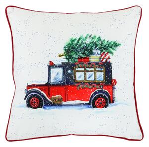 Vankúš zamatový s výplňou, biely - vianočné auto, 100% polyester, 45 x 45 cm