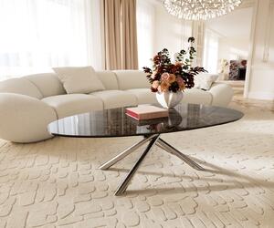 DELIFE Konferenčný stolík Edge oválny 140x75 cm keramika Laminam® Emperador Extra Lucidato tmavohnedá Sarity nerezová oceľ kefovaná