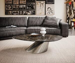 DELIFE Konferenčný stolík Edge organický 140x76 cm keramika Laminam® Emperador Extra Lucidato tmavohnedá konická nerezová oceľ kefovaná