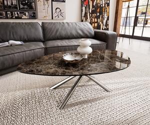 DELIFE Konferenčný stolík Edge organický 140x76 cm keramika Laminam® Emperador Extra Lucidato tmavohnedá Sarity nerezová oceľ kefovaná