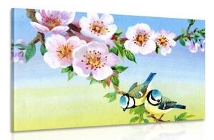 Obraz sýkorky a kvitnúce kvety - 60x40