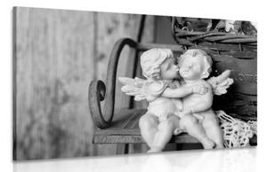 Obraz sošky anjelikov na lavičke v čiernobielom prevedení - 120x80