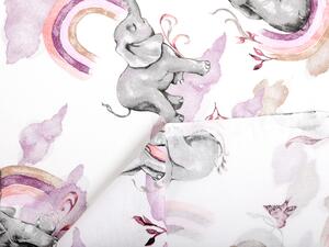 Detská bavlnená látka/plátno Sandra SA-464 Slony s fialovou dúhou na bielom - šírka 160 cm