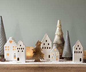Béžový porcelánový domček svietnik na čajovú sviečku Christmas House M - 9*7*14 cm - Clayre & Eef