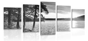 5-dielny obraz západ slnka nad jazerom v čiernobielom prevedení - 100x50