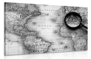 Obraz čiernobiela mapa sveta s lupou - 60x40