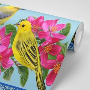 Samolepiaca tapeta vtáčiky a kvety vo vintage prevedení - 225x150