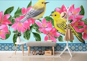 Samolepiaca tapeta vtáčiky a kvety vo vintage prevedení - 225x150