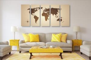 5-dielny obraz mapa sveta v odtieňoch hnedej - 100x50