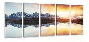 5-dielny obraz oslnivý západ slnka nad horským jazerom - 100x50