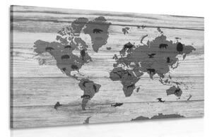 Obraz čiernobiela mapa na drevenom podklade - 120x80
