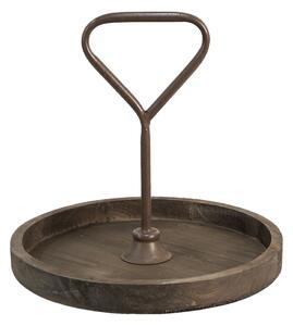 Hnedý drevený podnos s držadlom - Ø 35*33 cm - Clayre & Eef