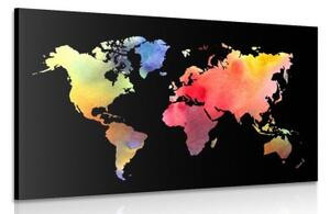 Obraz mapa sveta v akvarelovom prevedení na čiernom pozadí - 60x40