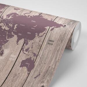 Samolepiaca tapeta hnedo-fialová mapa na drevenom pozadí - 225x150