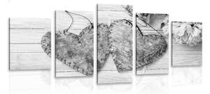 5-dielny obraz pivónie a brezové srdiečka v čiernobielom prevedení - 100x50