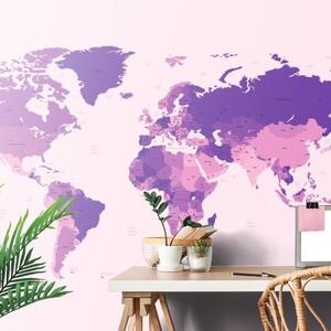 Samolepiaca tapeta detailná mapa sveta vo fialovej farbe - 225x150