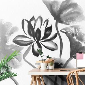 Samolepiaca tapeta akvarelový čiernobiely lotosový kvet - 225x150