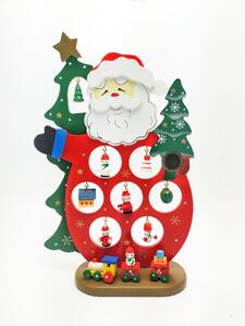Drevená vianočná dekorácia Santa Claus s malými závesnými figúrkami a vláčikom, 16×26 cm