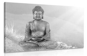 Obraz socha Budhu v meditujúcej polohe v čiernobielom prevedení - 60x40