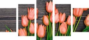 5-dielny obraz očarujúce oranžové tulipány na drevenom podklade - 100x50