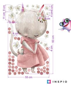 INSPIO-textilná prelepiteľná nálepka - Samolepka na stenu - Romantická tapeta mačičky s malou myškou a bodkami