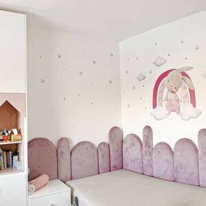 INSPIO-textilná prelepiteľná nálepka - Nálepky na stenu - Zajačik a dúha v ružových farbách