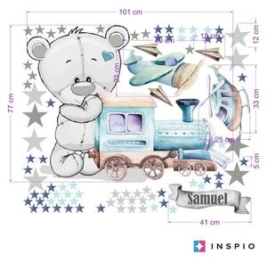 INSPIO-textilná prelepiteľná nálepka - Nálepka na stenu pre chlapcov - Macko a vláčik