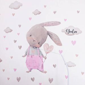 Nálepka na stenu pre dievčatko - Ružový zajko so srdiečkami