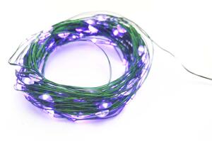 Vianočné LED mikro reťaz na batérie – fialová, 10 m, 100 LED, zelený kábel