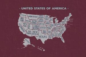 Tapeta náučná mapa USA s bordovým pozadím - 150x100