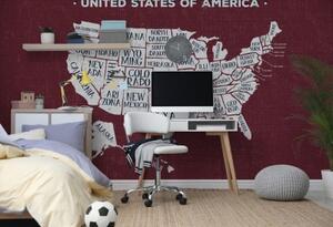 Tapeta náučná mapa USA s bordovým pozadím - 225x150