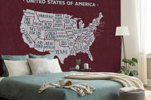 Samolepiaca tapeta náučná mapa USA s bordovým pozadím - 225x150