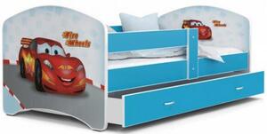 Detská posteľ LUKI so šuplíkom MODRÁ 160x80cm vzor FIRE WHEELS 43L