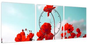 Obraz poľa s jasne červenými kvetmi (s hodinami) (90x30 cm)