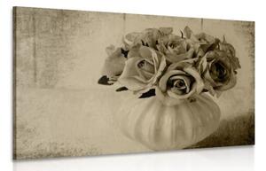 Obraz ruže vo váze v sépiovom prevedení - 120x80