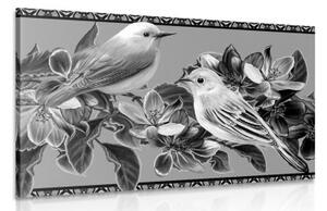 Obraz čiernobiele vtáčiky a kvety vo vintage prevedení - 60x40