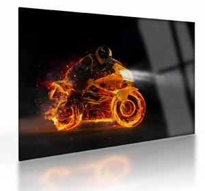 Sklenený obraz - Motorkár s plameňmi (70x50 cm)