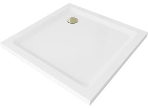 Mexen Flat štvorcová sprchová vanička slim 90 x 90 cm, biela, syfon zlatá - 40109090G