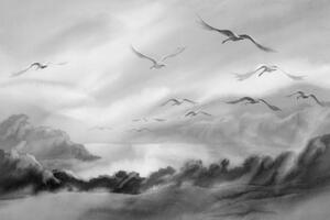 Samolepiaca tapeta prelet vtákov v čiernobielom prevedení - 225x150