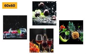 Set obrazov víno a kúsky ovocia na čiernom pozadí - 4x 40x40